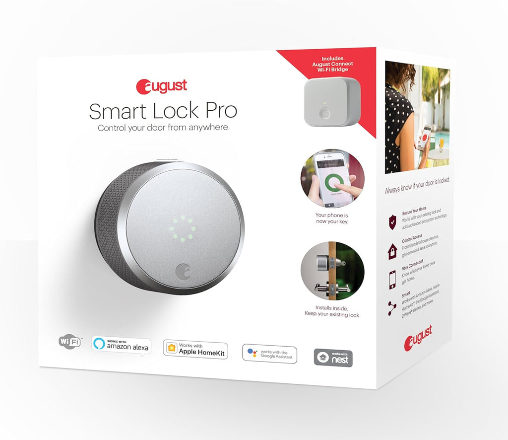 August Home Smart Lock Pro + Connect Hub - Wi-Fi Smart Lock for Keyless Entry - Works with Alexa, Google Assistant, and more – Silver