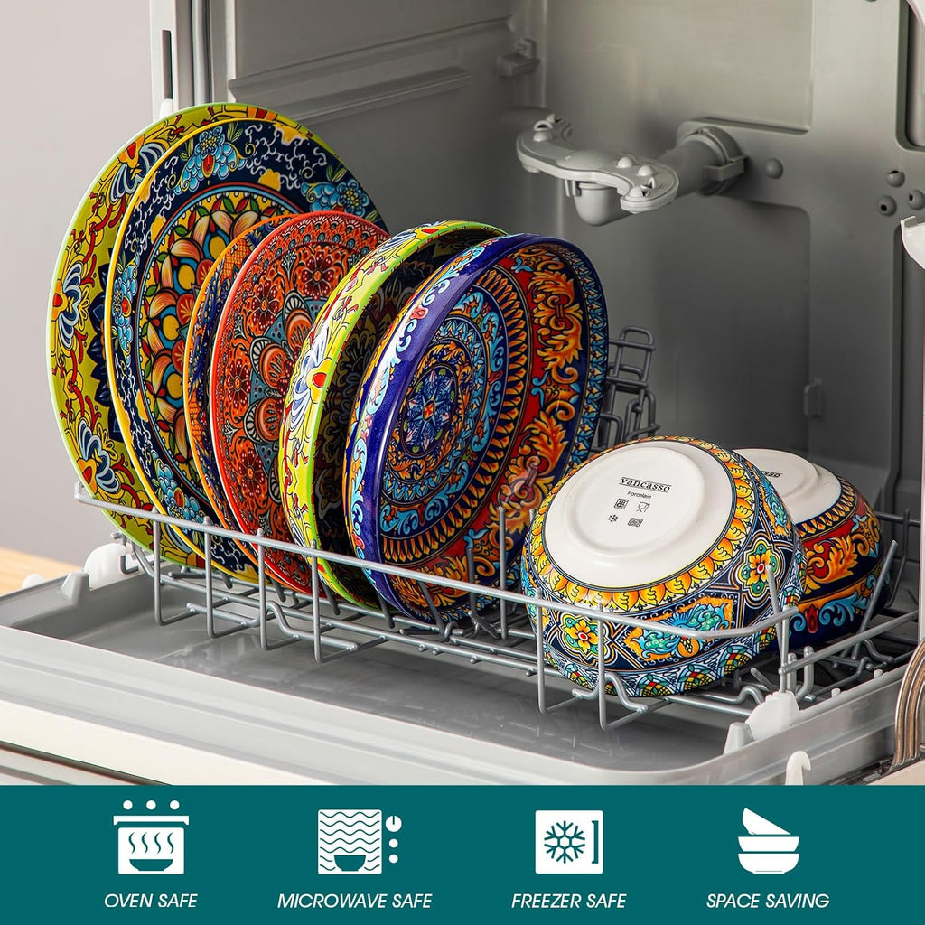 vancasso 24-Piece Dinnerware Sets,Plates & Bowls Sets Service for 6, Bohemian Porcelain Dishes Set for 6, Kitchen Dinner Set,Microwave & Dishwasher Safe, Scratch Resistant,Series KRVI