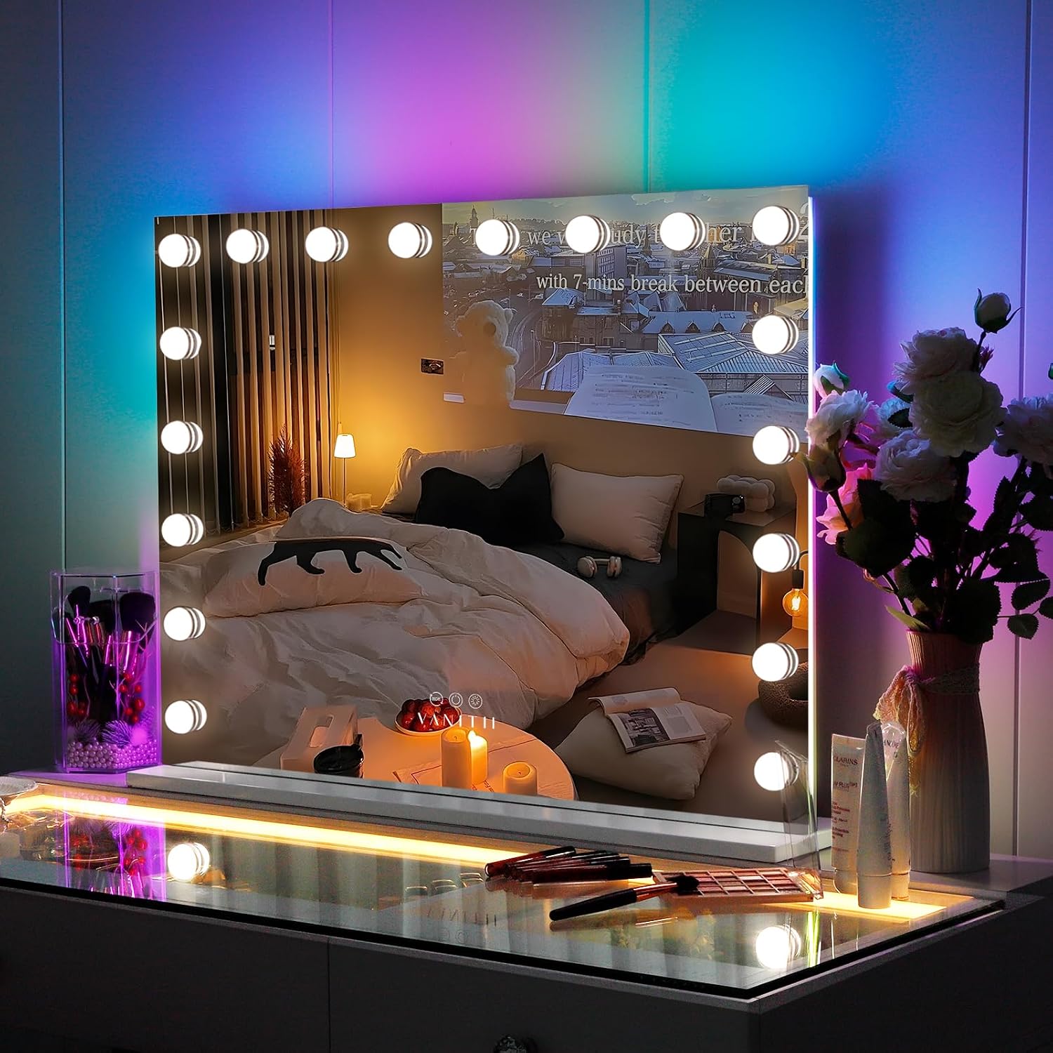 VANITII Makeup Vanity Desk with Mirror and RGB Lights Vanity Table with Makeup Mirror Glass Top Vanities with Charging Station RGB Lighted Mirror Smart Touch Dressing Table Set for Bedroom