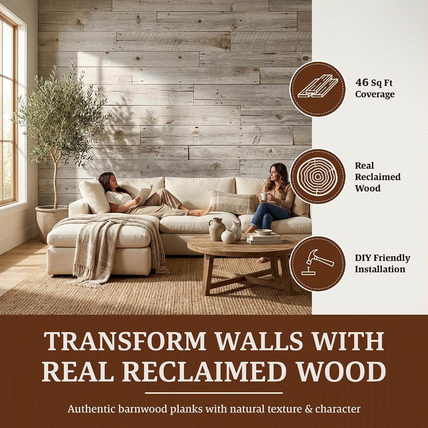 BARNWOODUSA Real Reclaimed Wood Planks - Easy Nail-Up Shiplap Panels for Rustic Wood Wall Paneling (White Wash, 46 Square Feet)