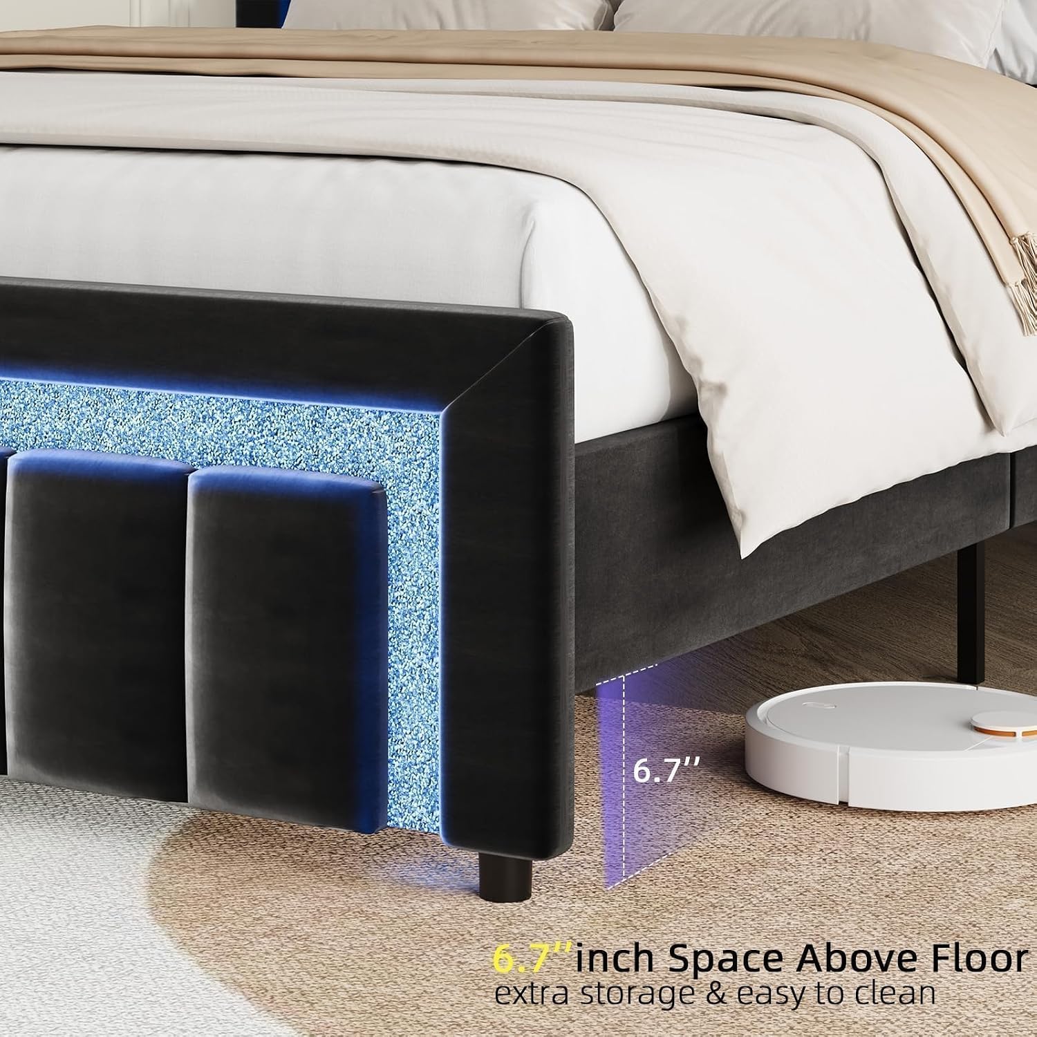 Queen Size Bed Frame with LED Lights and Velvet Upholstered Adjustable Headboard, Bed Frame Queen Size with Diamond Headboard & Footboard, Wooden Slats Support, Noise Free, No Box Spring Needed, Black