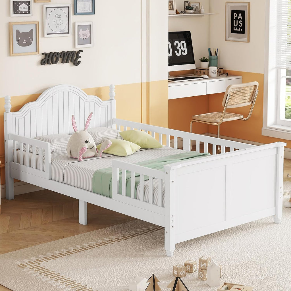 KEIKI Twin Size Wooden Floor Bed w/Safety Removable Rails, Kids Platform DayBed Frame w/Headboard, Low Profile, Space Saving Day Beds for Boys Girls Bedroom, No Box Spring Needed, Easy Assembly, White