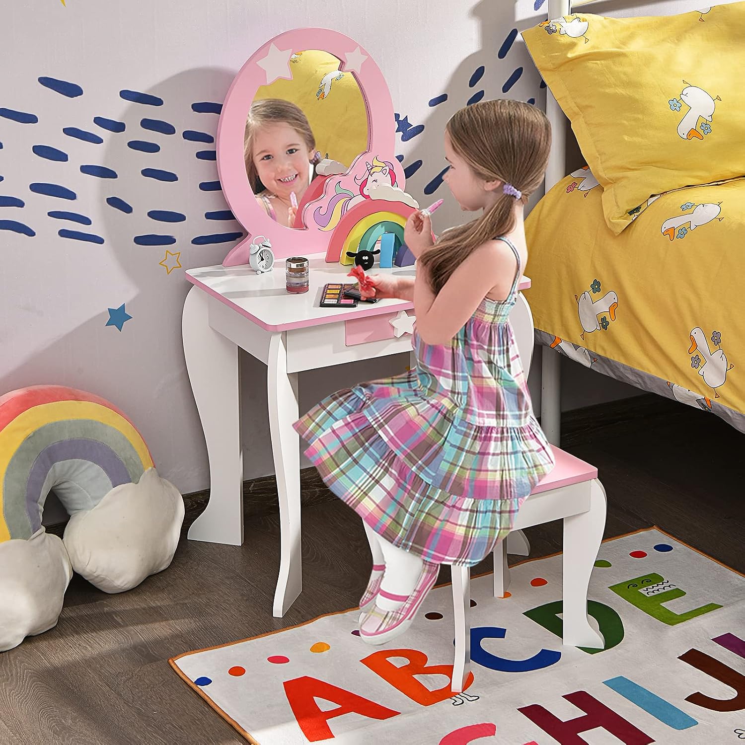 GLACER Kids Vanity & Kids Jewelry Armoire, Princess Little Girls Vanity, Standing Children Jewelry Organizer w/Full-Length Mirror & Foldable Drawers, Adjustable Angles, Kids Bedroom Set (White)