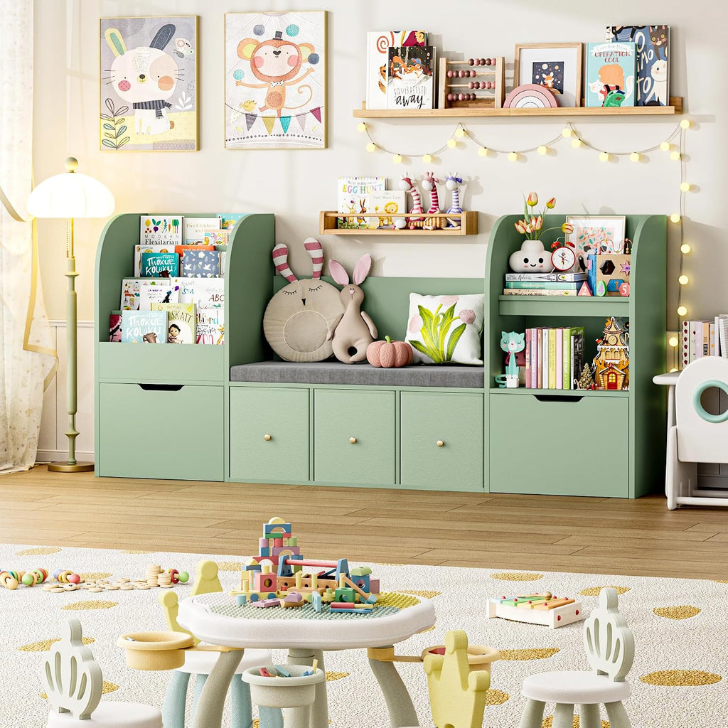 FOTOSOK 71' Kids Bookshelf with Reading Nook, Toy Storage Organizer with Seat Cushion and 2 Movable Drawers & 3 Fabric Toy Chests, Kids Reading Nook Toy Organizers and Storage with Bench for Playroom