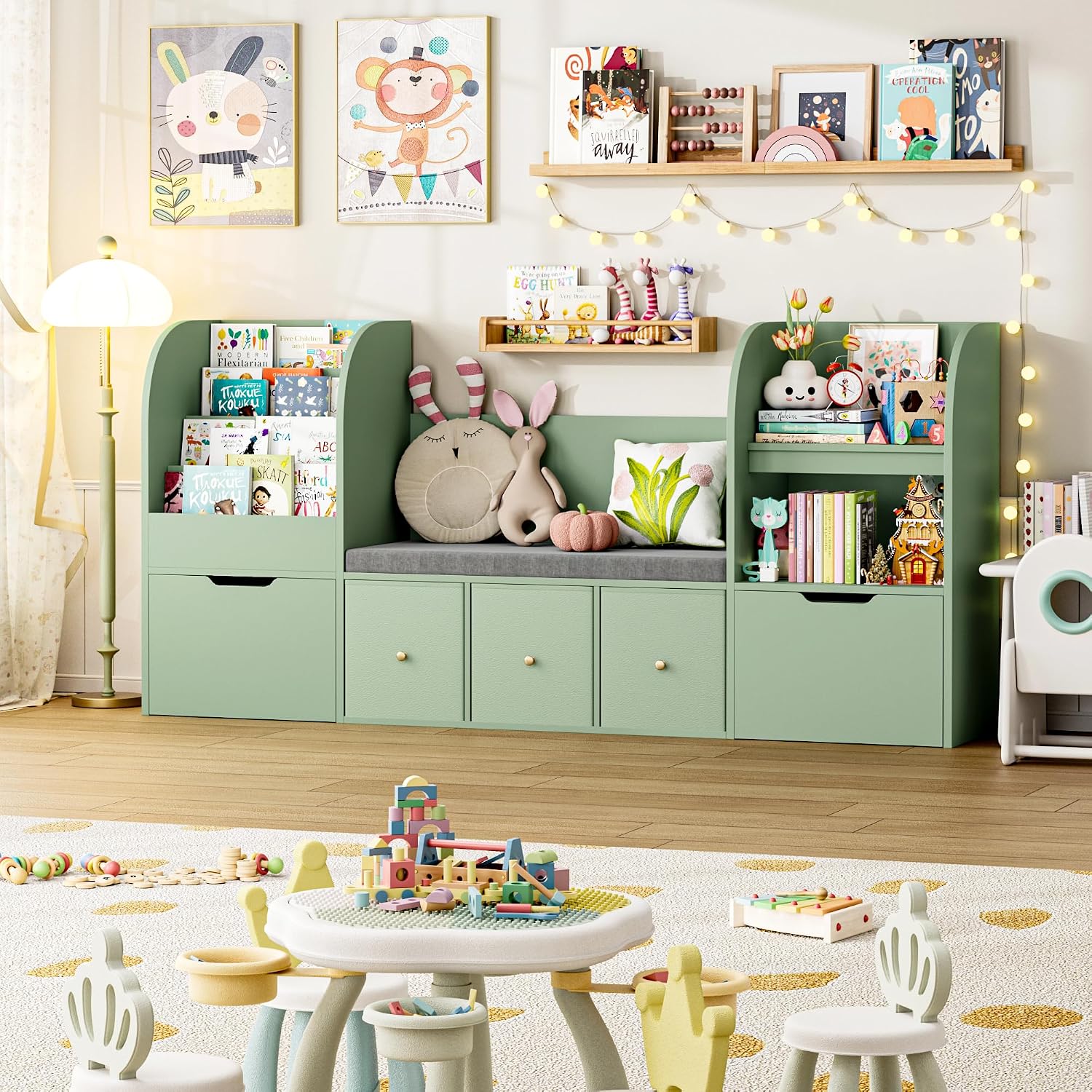 FOTOSOK 71' Kids Bookshelf with Reading Nook, Toy Storage Organizer with Seat Cushion and 2 Movable Drawers & 3 Fabric Toy Chests, Kids Reading Nook Toy Organizers and Storage with Bench for Playroom
