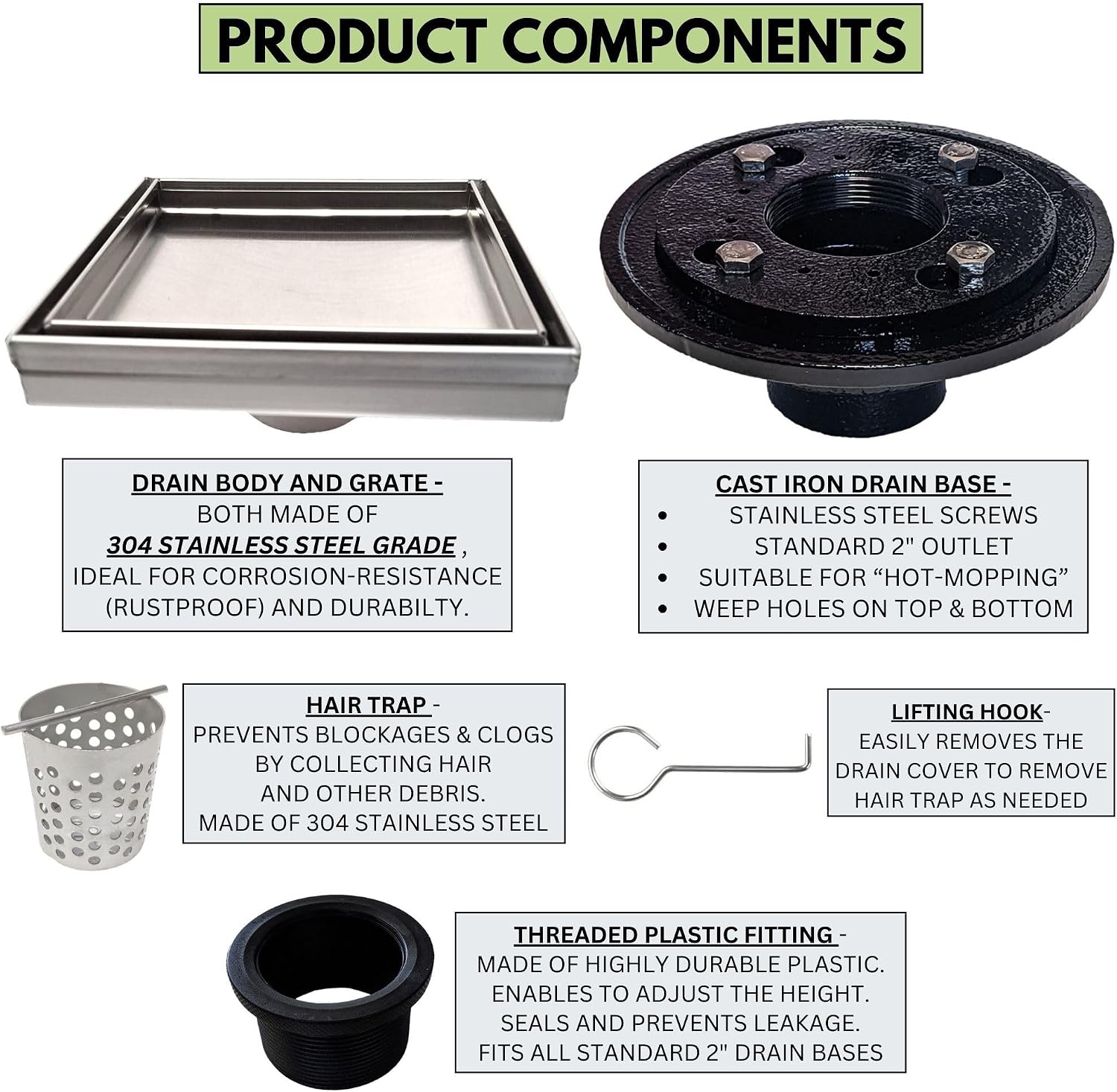 SereneDrains 304 Stainless Steel Tile in Square Brushed Nickel Shower Drain Kit with Drain Base Hair Catcher Strainer Grate Cover Bathroom Floor Insert (Cast Iron, 6 Inch)