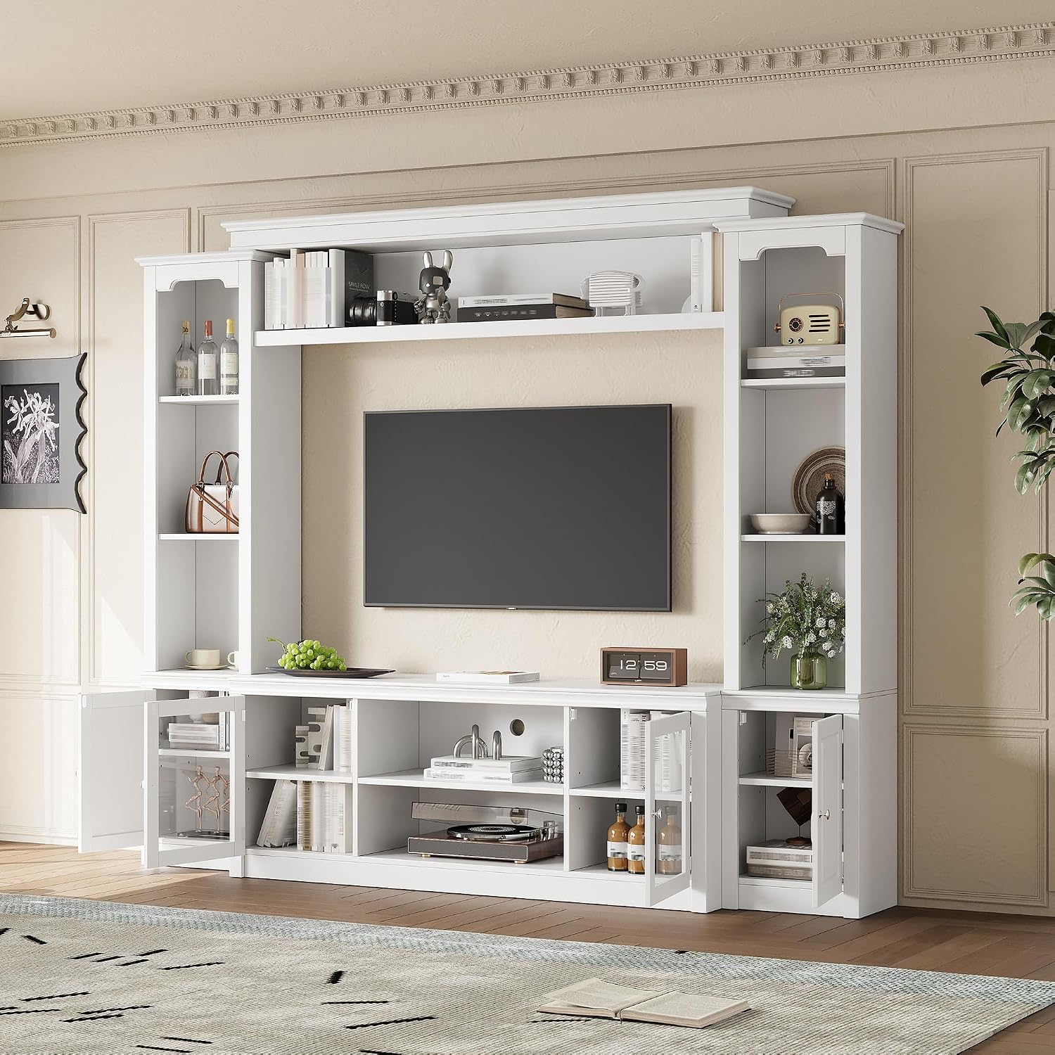 4-Piece Entertainment Center Wall Unit for TVs up to 65', Modern TV Stand with Bookshelves, Glass Doors & 4 Adjustable Shelves, Large Media Console Table with Display Cabinet for Living Room, White