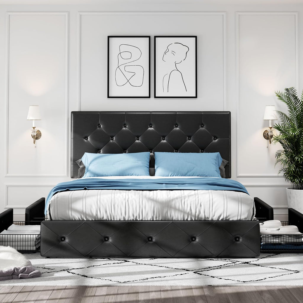 HOOMIC Queen Platform Storage Bed Frame with 4 Drawers & Adjustable Headboard, Wooden Slats, No Box Spring Needed,Diamond Stitched Button Tufted Design,Black