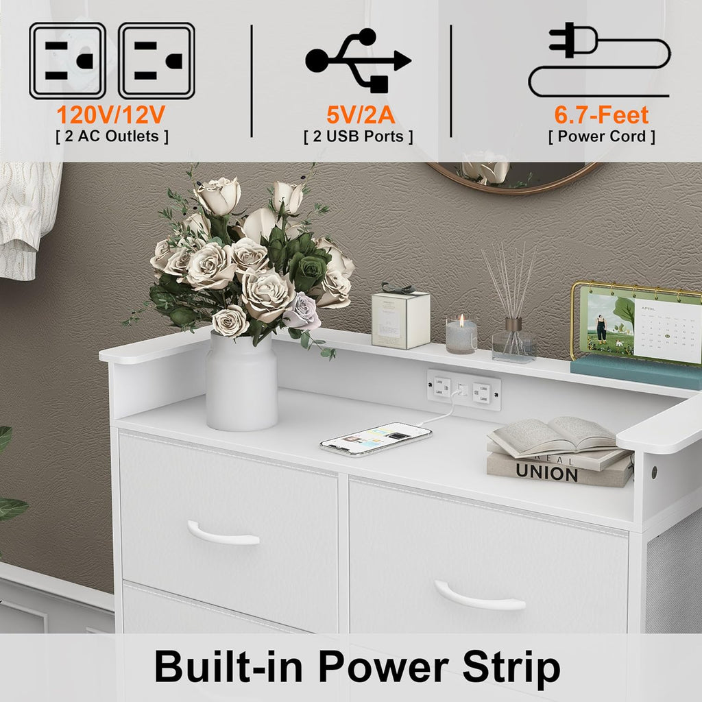 White Dresser for Bedroom with Power Outlets and LED Lights Narrow 8 Fabric Drawers Dressers Tall Storage Tower Unit for Entryway Closet Hallway Living Room Sturdy Steel Frame Wooden Top