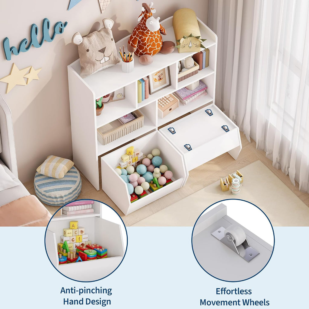 IDEALHOUSE Toy Storage Organizer with Movable Drawers, Kids Bookshelf with Hidden Wheels and 5 Open Cubbies, Multifunctional Storage Cabinet Chest for Playroom