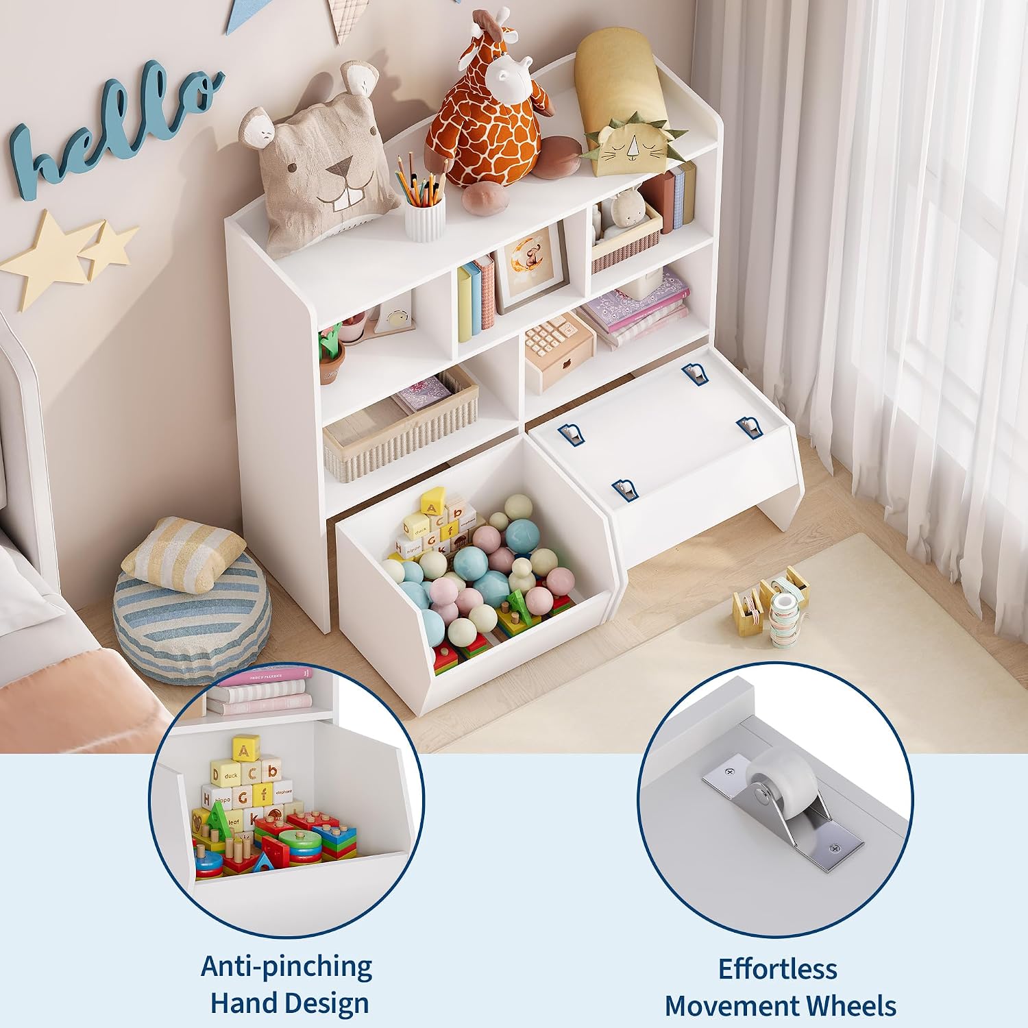 IDEALHOUSE Toy Storage Organizer with Movable Drawers, Kids Bookshelf with Hidden Wheels and 5 Open Cubbies, Multifunctional Storage Cabinet Chest for Playroom