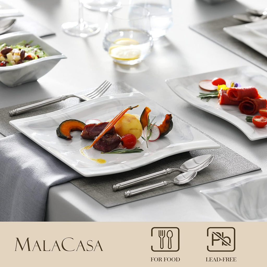 MALACASA 26-Piece Marble Grey Square Dinnerware Sets, Flora Porcelain Dinner Set for 6, Service for 6, Microwave & Dishwasher Safe, BPA, Lead & Cadmium Free