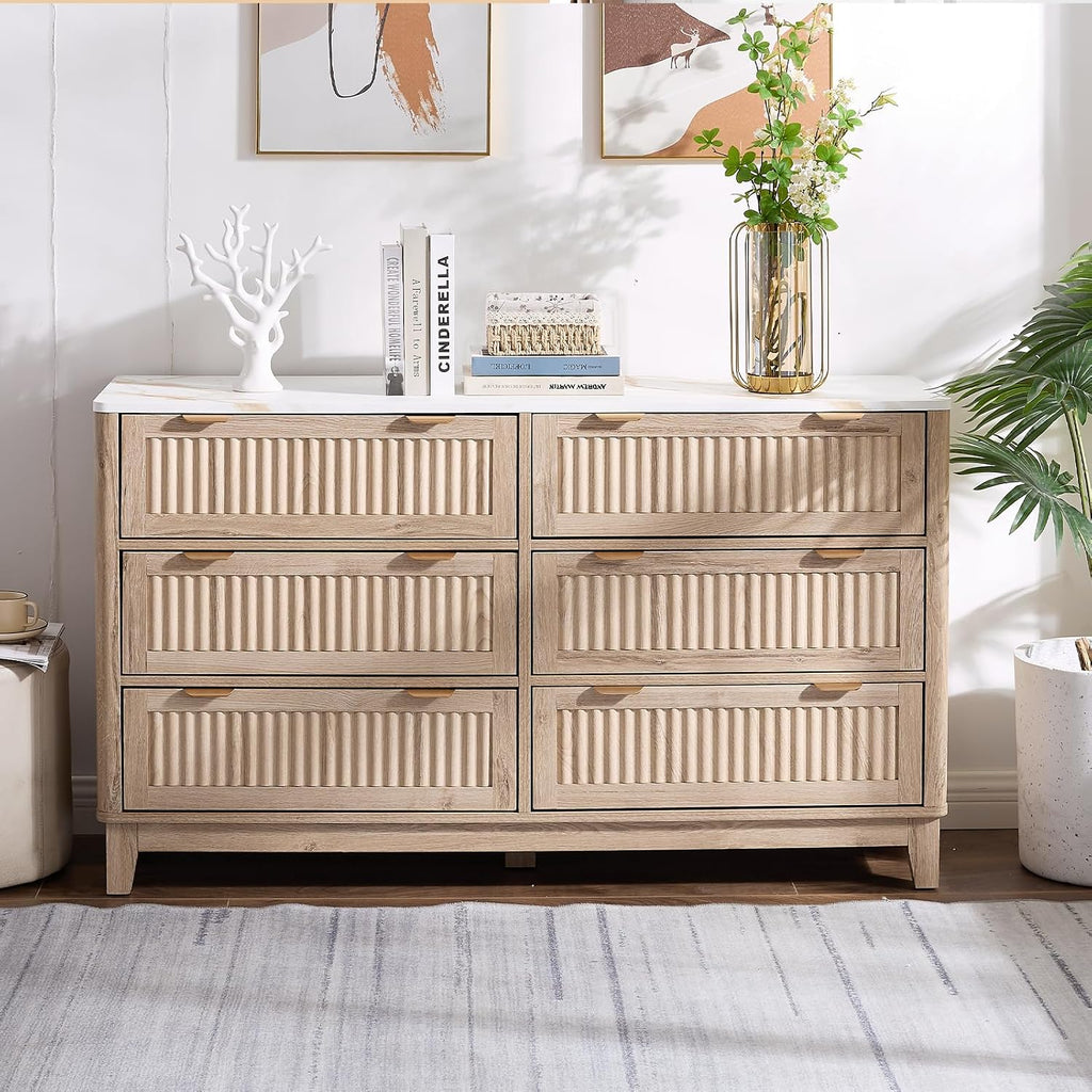 6 Drawers Dresser for Bedroom, 54' Large Storage Dresser, Natural Oak Dressers with Faux Marble Top, Modern Dressers & Chests of Drawers for Living Room Entryway, Natural Fluted 6 drawers dresser