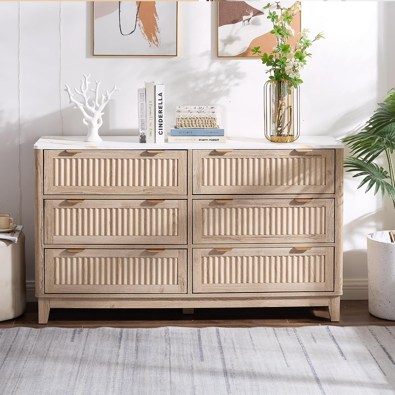 6 Drawers Dresser for Bedroom, 54' Large Storage Dresser, Natural Oak Dressers with Faux Marble Top, Modern Dressers & Chests of Drawers for Living Room Entryway, Natural Fluted 6 drawers dresser