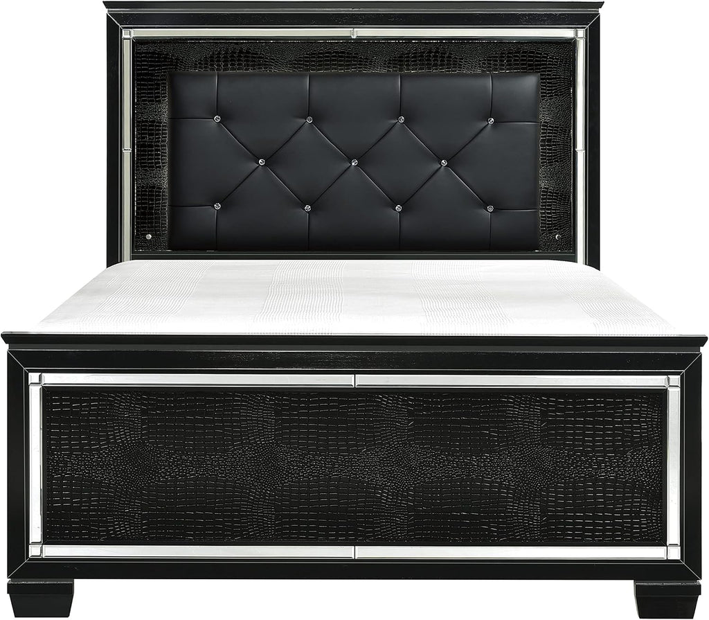 Glamorous Black Finish 3pc Bedroom Set Full Size Bed and Nightstands LED Lighting Tufted Headboard Modern Glam Style