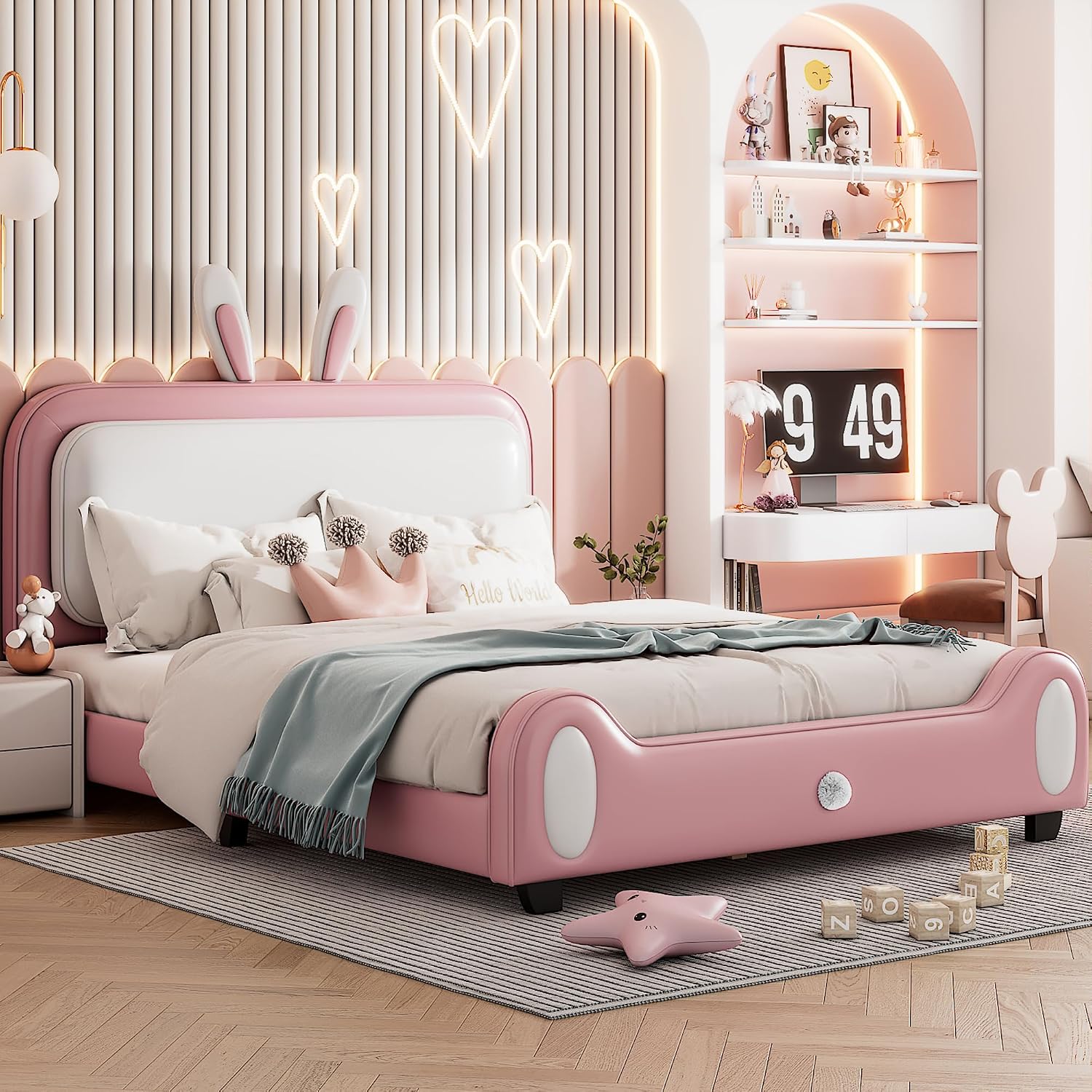 Full Size Upholstered Rabbit-Shape Princess Bed,with Headboard and Footboard Frames Platform Bed for Girls Boy Teen Full Bed Frames for Kids Bedroom Atmosphere Easy to Assemble (Pink+White, Full)