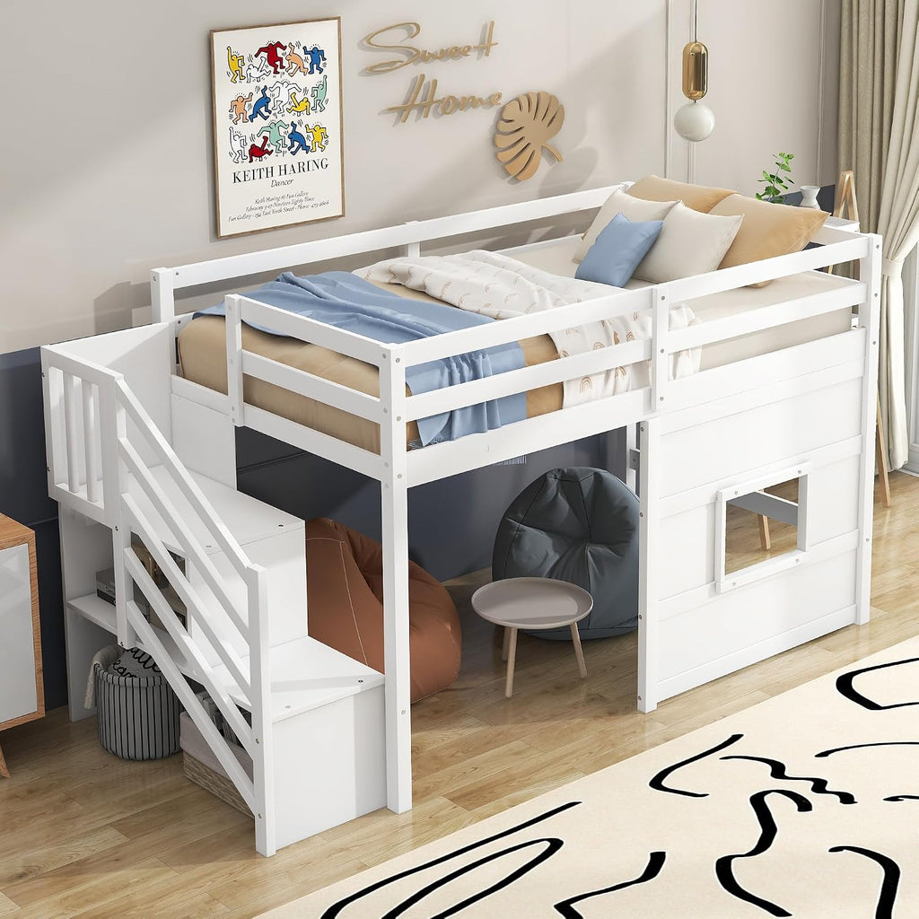 Low Loft Bed with Storage Staircase and Window, Twin Size Loft Bed with Guardrails and Wood Slats Support, Solid Wood Bed Frame, Space Saving Design, No Box Spring Need (White,Staircase+Window)