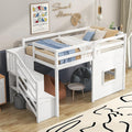 Low Loft Bed with Storage Staircase and Window, Twin Size Loft Bed with Guardrails and Wood Slats Support, Solid Wood Bed Frame, Space Saving Design, No Box Spring Need (White,Staircase+Window)