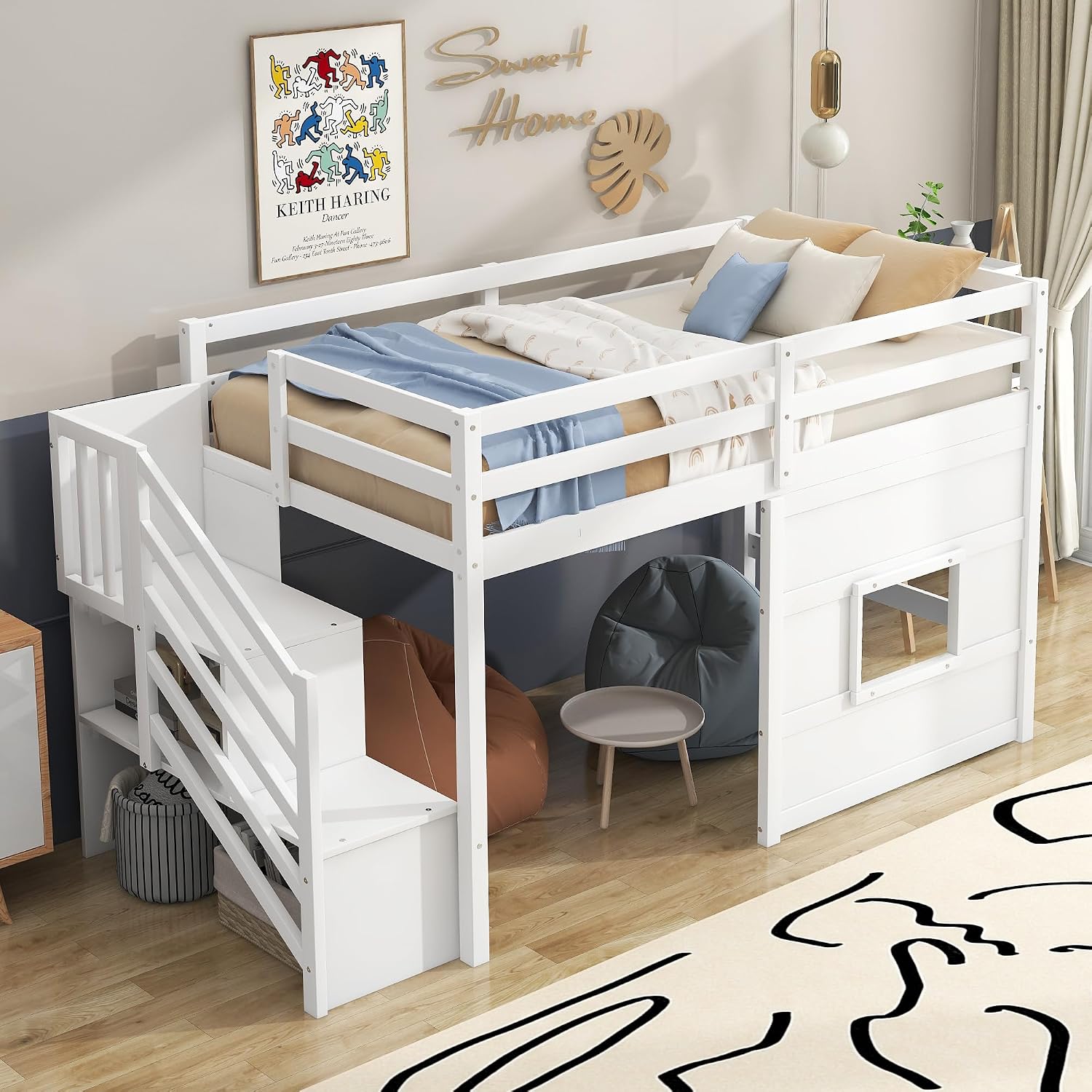 Low Loft Bed with Storage Staircase and Window, Twin Size Loft Bed with Guardrails and Wood Slats Support, Solid Wood Bed Frame, Space Saving Design, No Box Spring Need (White,Staircase+Window)