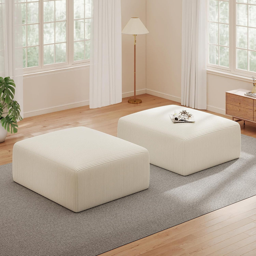 40' Oversized Large Square Corduroy Ottoman Pouf - Poofy Plush Foot Rest with Foam Chunk Filling, Movable Floor Pouf Footstool & Ottoman Coffee Table for Living Room Couch Bedroom, Beige (2 Pieces)