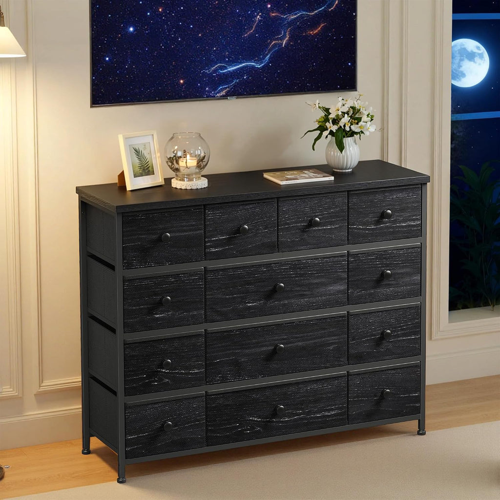 EnHomee Black Dresser with 13 Fabric Drawers TV Stand for Bedroom for 45 Inch TV Chests of Drawers for Living Room, Entryway, Wood Top and Sturdy Frame