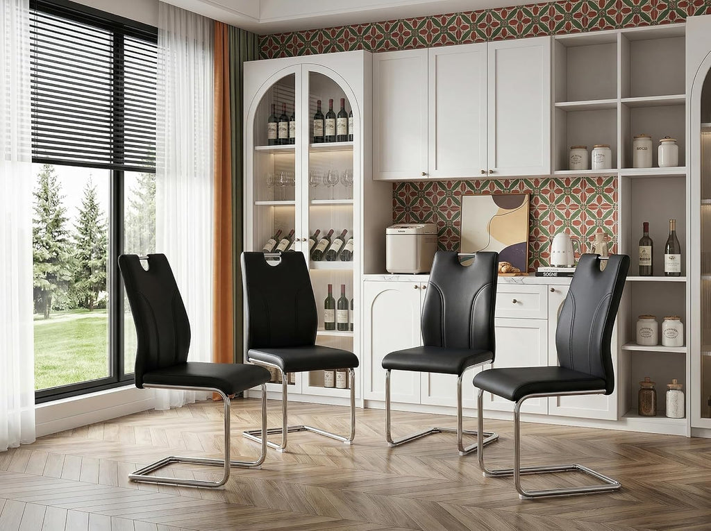 Dining Chairs Set of 4 Modern PU Kitchen Chairs with High Back,Soft Cushion Chrome Metal Legs for Dining Room,Living Room, Bedroom (Black+Silver, Set of 4)