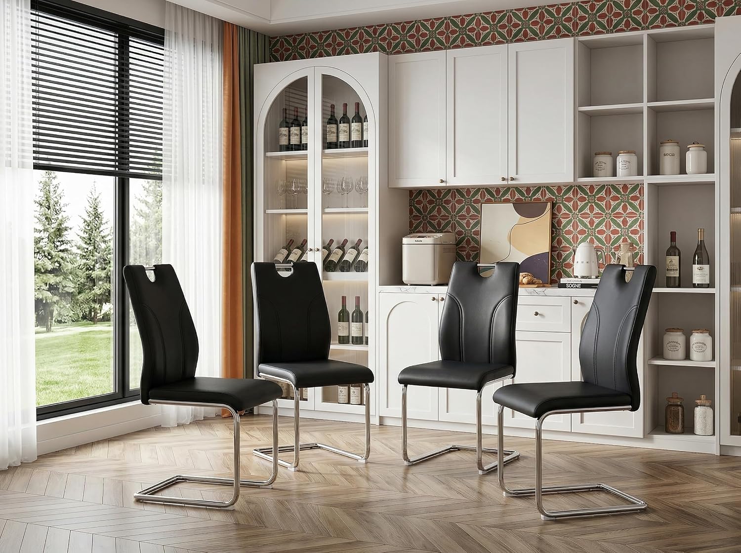 Dining Chairs Set of 4 Modern PU Kitchen Chairs with High Back,Soft Cushion Chrome Metal Legs for Dining Room,Living Room, Bedroom (Black+Silver, Set of 4)