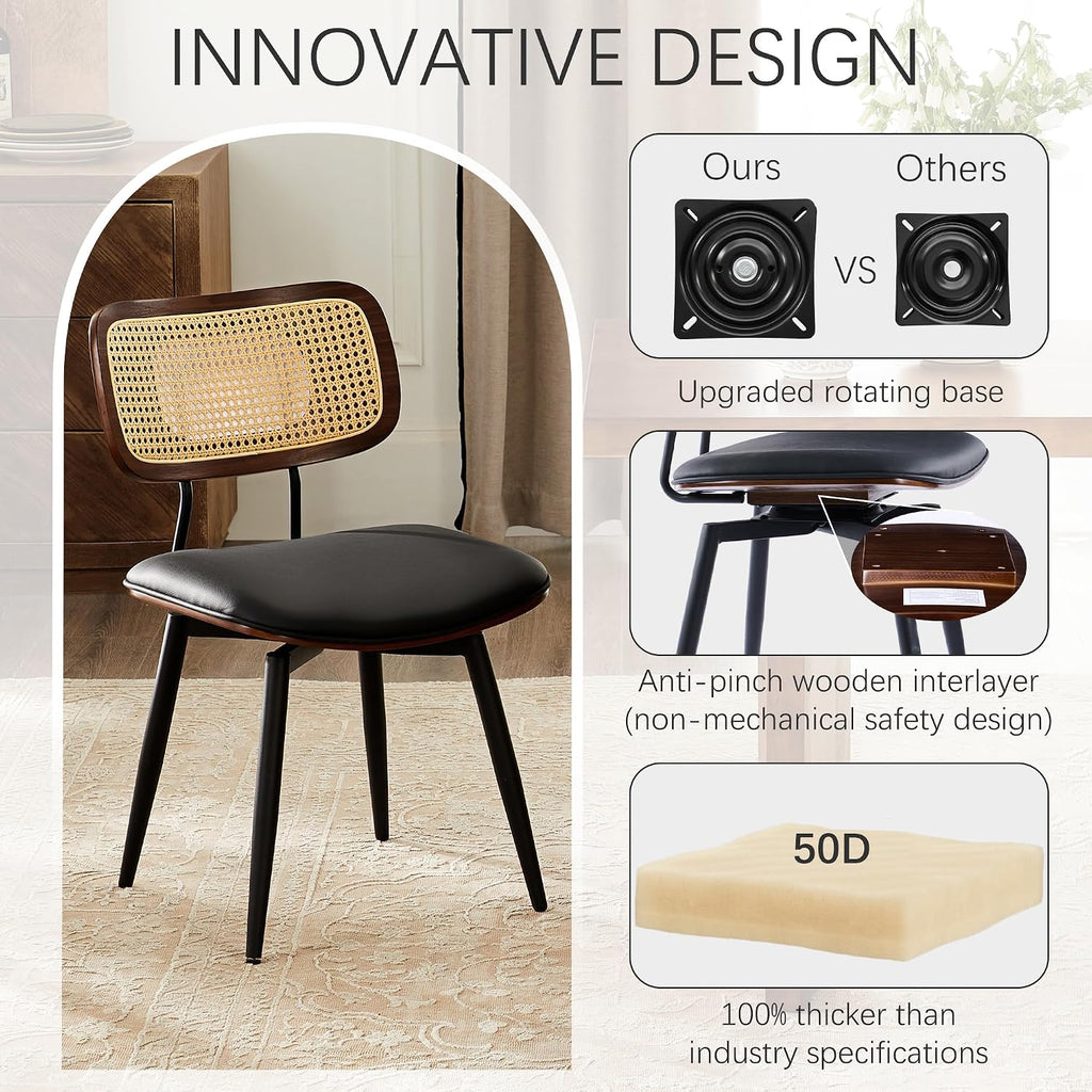 Dining Chairs, Swivel Dining Chairs Set of 4, Faux Leather & Rattan Walnut Dining Room Chairs, Bentwood & Metal Frame Upholstered Chairs with 360°Rotation, Modern Kitchen/Living Room Chair (Black)