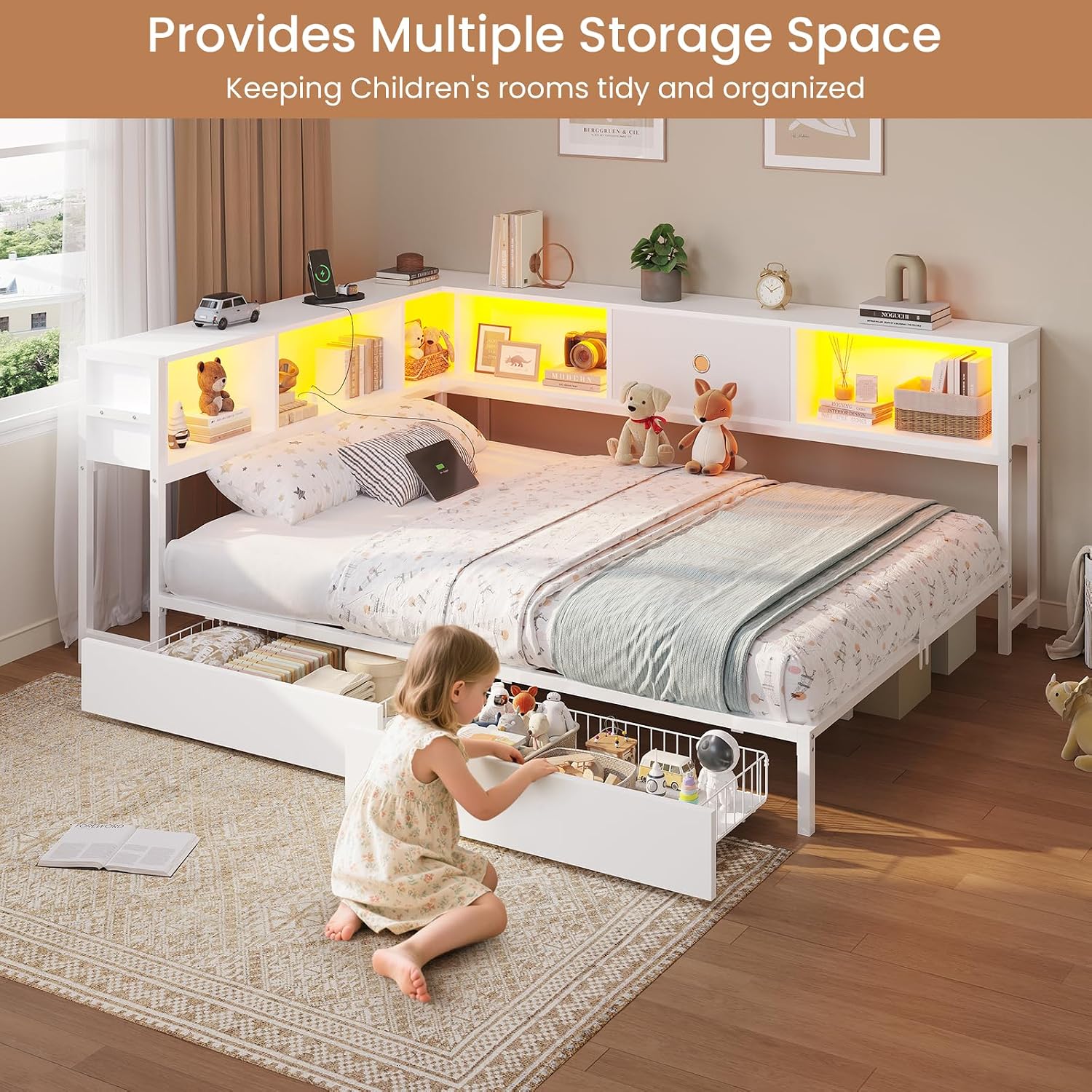 DICTAC Full Corner Bed Frame with Storage Drawers,Bookcase Headboard and Charging Station Full Size Metal Platform Corner Bed Frame with Storage and Led Lights Full Size Daybed for Teen Adult,White