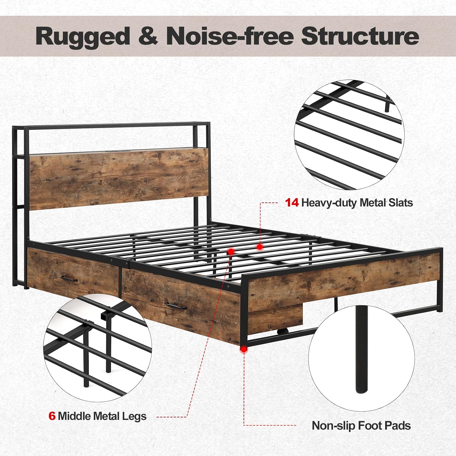 Giantex Full Bed Frame with 2 Storage Drawers and Charging Station, Industrial Platform Bed Frame with 2-Tier Storage Headboard, Rustic Metal Slats Support Mattress Foundation, No Box Spring Needed