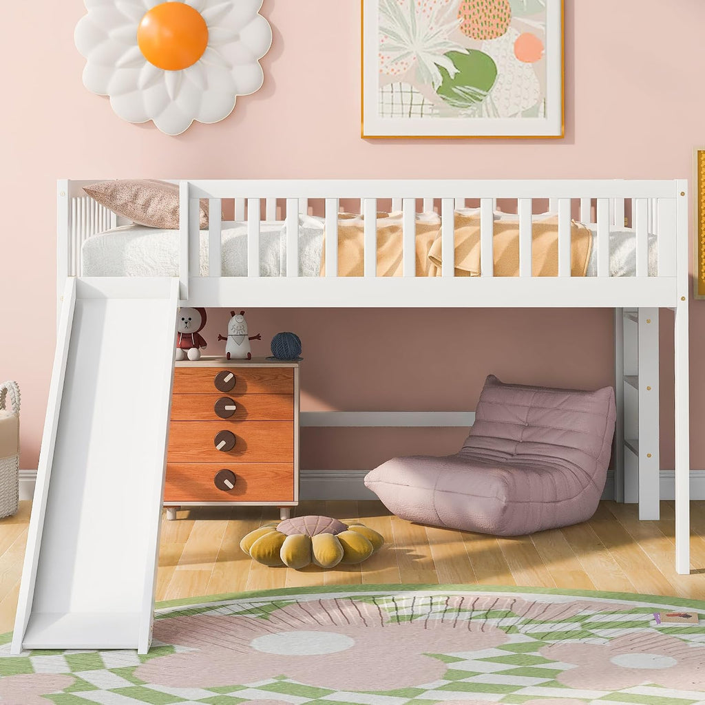 JIVOIT Full Size Wood Loft Bed with Slide, Low Loft Bed with Built-in Ladder and Safety Rails, Space Saving Kids Loft Bed with Underneath Spacious Space, for Kids Boys Girls (White,Full 1)