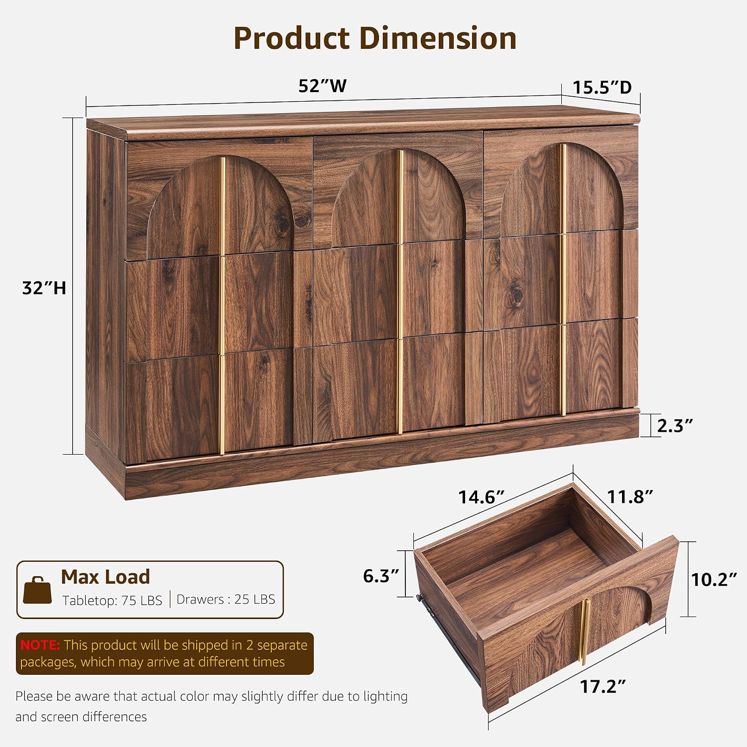 ACCOHOHO Arched Dresser for Bedroom with 9 Drawers, 52' Wide Modern Chest of Drawers with Rounded Edge & Metal Handles, Wood Storage Closet Dressers TV Stand for Living Room, Hallway, Brown