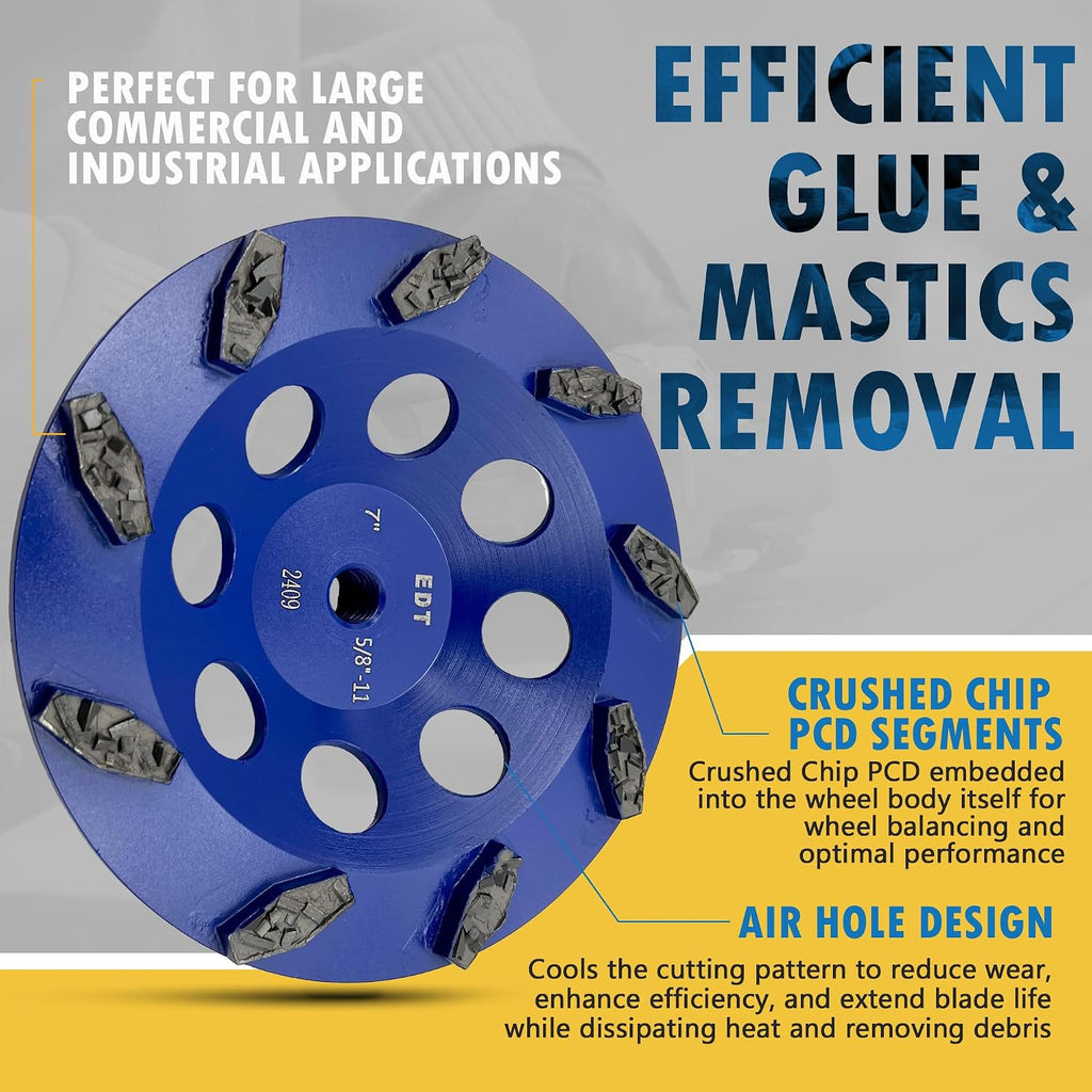 7' PCD Grinding Wheel for Epoxy, Glue, Mastic and Paint, 9 Crushed Chip PCD Segments, 5/8'-11 Threaded Arbor