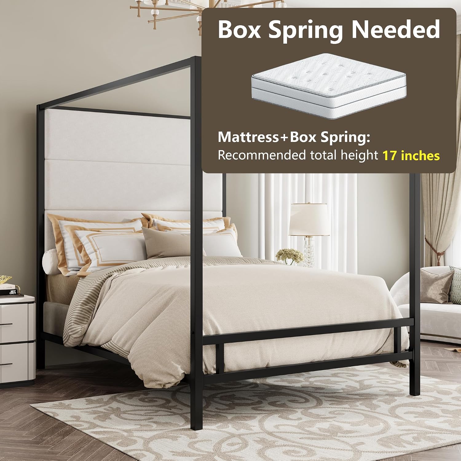 Modern Metal King Size Canopy Platform Bed with with Tall Linen Fabric Upholstered Headboard and 4 Poster Design, Box Spring Needed (Black+White, King)