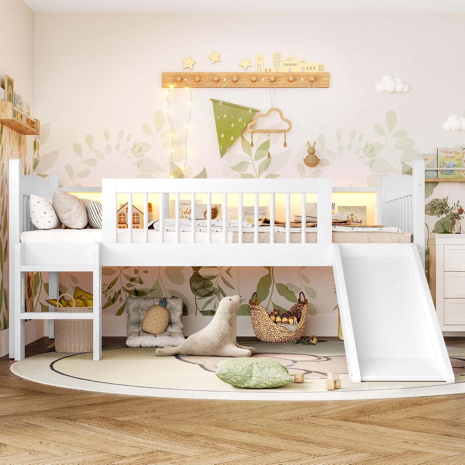 JIVOIT Twin XL Loft Bed with Storage Shelves, Solid Wood Lower Loft Bed with Full-Length Guardrails, Wood Slats Support, Space-Saving Design, No Box Spring Needed (White,Twin XL,51)