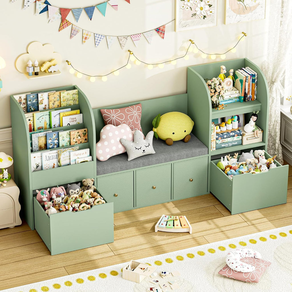 FOTOSOK 71' Kids Bookshelf with Reading Nook, Toy Storage Organizer with Seat Cushion and 2 Movable Drawers & 3 Fabric Toy Chests, Kids Reading Nook Toy Organizers and Storage with Bench for Playroom