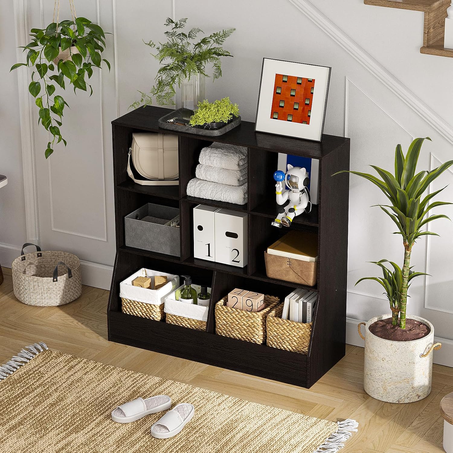 DINZI LVJ Toy Storage Organizer, Kids Bookshelf, Wood Toy Storage Cabinet, 3-Tier 8 Cubby Children Bookcase, 39.4' L Toddler Book Shelf for Playroom, Living Room, Nursery, Hallway, Classroom, Espresso
