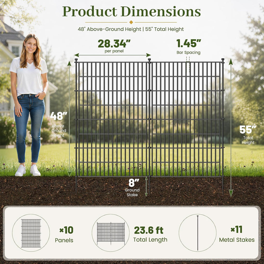 No-Dig Decorative Outdoor Garden Fence for Yard, Animal Barrier Fencing for Dog | Rustproof Metal Temporary Fence for Patio, Pet and Flower Bed | 48in (H) x 23.6ft(L), 10 Panels