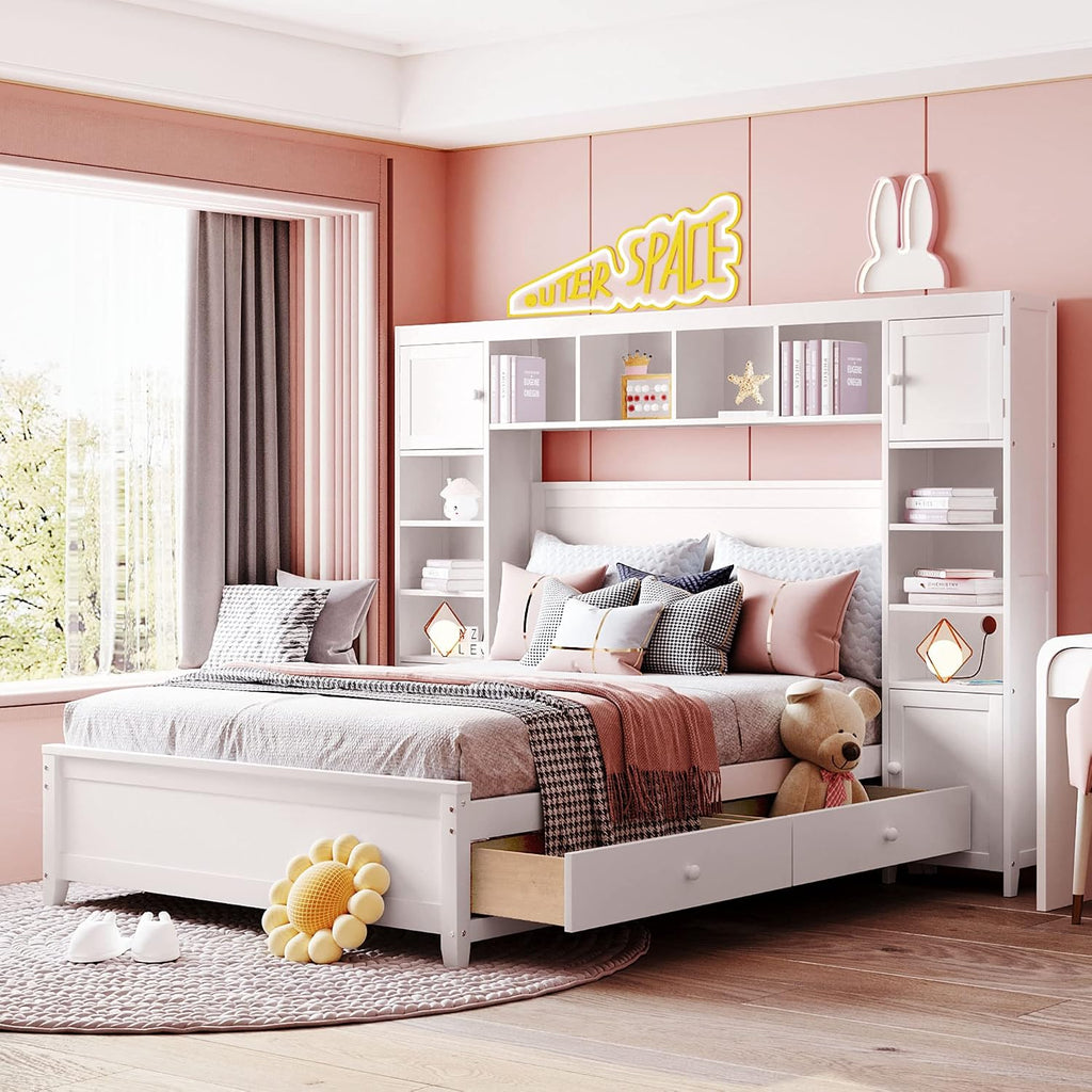 Harper & Bright Designs Full Platform Bed with All-in-One Cabinet and Shelf Modern Wooden Full Beds with 4 Storage Drawers, Full Size Bed Frame for Bed Room, No Box Spring Needed (White)