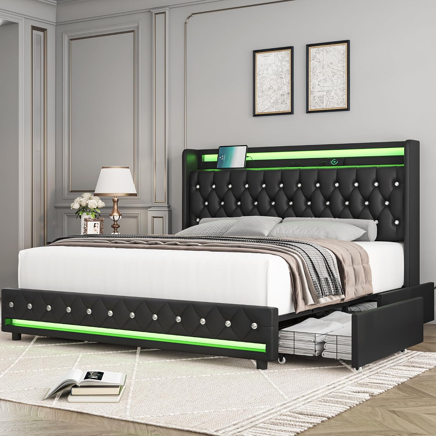 HIFIT Queen LED Bed Frame with Charging Station and 4 Storage Drawers, PU Upholstered Platform Bed with Handcrafted Crystal Button Wingback Headboard, Metal Frame with No Box Spring Needed, Black