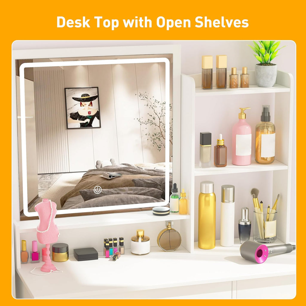 INTERGREAT Makeup Vanity Desk with Lights and Full-Length Mirror, White Vanity Table Set with 3 Lighting Modes, Dressing Table with Drawers, Large Vanity Desk for Women and Girls' Bedroom