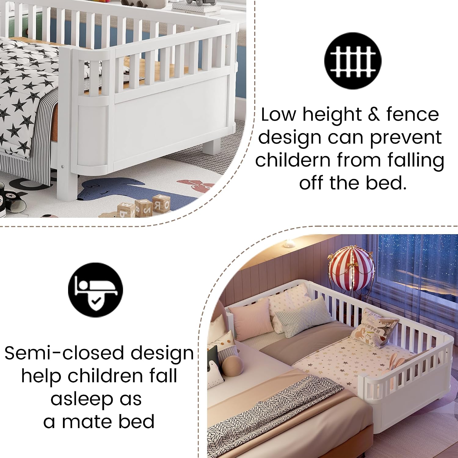 Twin Size Kids Bed with Rails, Wood Twin Montessori Bed Frame with Slats Support, Low to Ground Modern Baby Daybed with Detachable Side Bed Rails for Boys Girls Bedroom, White