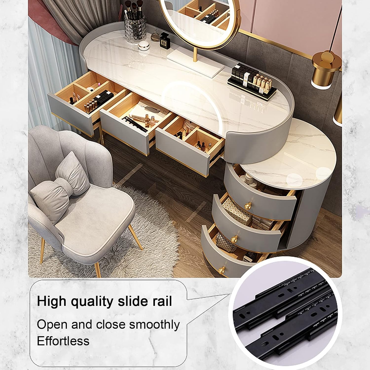 Dressing Table Makeup Vanity Table, with Adjustable LED Mirror 3 Color Lighting, Round Vanity Desk Bedside Table and Cushioned Stool Set, Bedroom Furniture Decor(White B-120cm/47.2in)