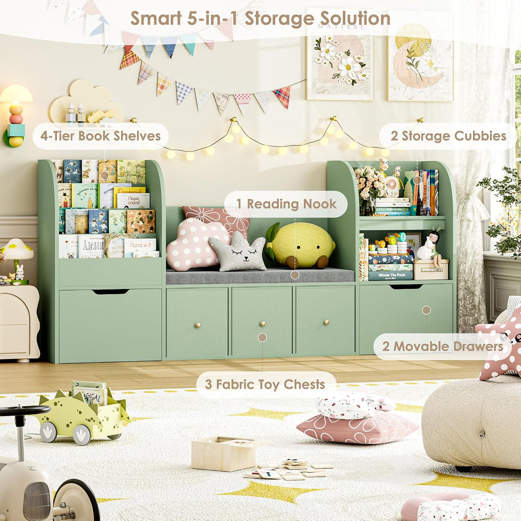 FOTOSOK 71' Kids Bookshelf with Reading Nook, Toy Storage Organizer with Seat Cushion and 2 Movable Drawers & 3 Fabric Toy Chests, Kids Reading Nook Toy Organizers and Storage with Bench for Playroom
