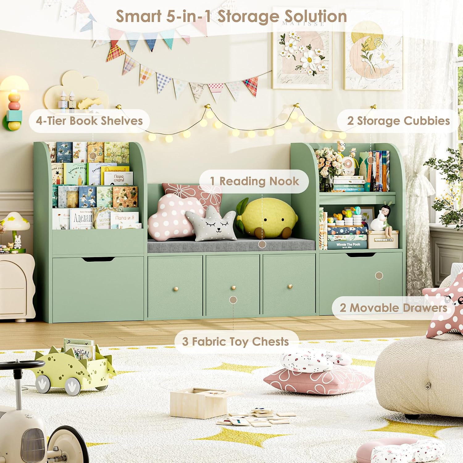 FOTOSOK 71' Kids Bookshelf with Reading Nook, Toy Storage Organizer with Seat Cushion and 2 Movable Drawers & 3 Fabric Toy Chests, Kids Reading Nook Toy Organizers and Storage with Bench for Playroom