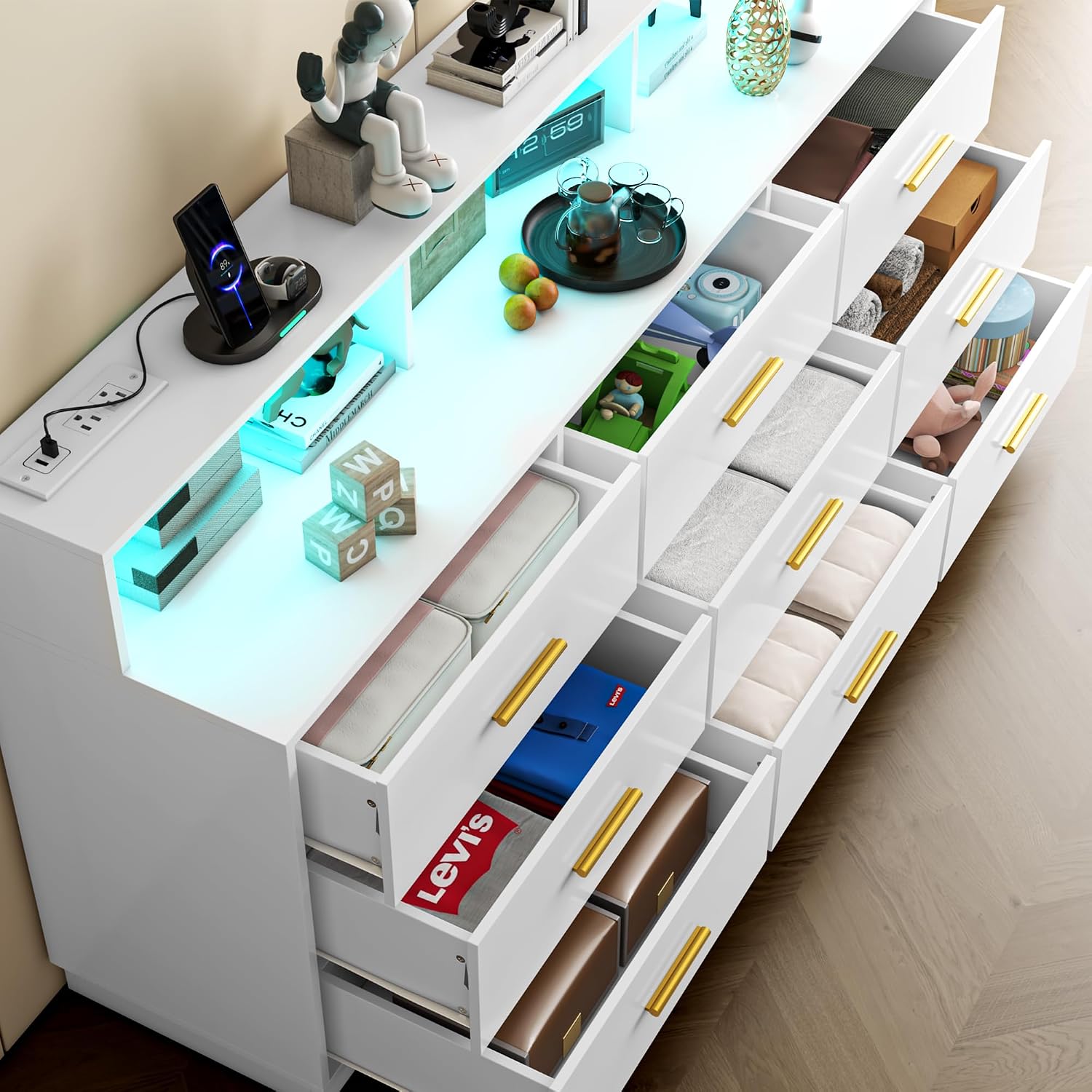 UNIQUITE White 9 Drawer Dressers for Bedroom, Modern Large Dresser with LED Light and Power Outlet, Wooden Long Dresser for Bedroom, Entryway, Hallway