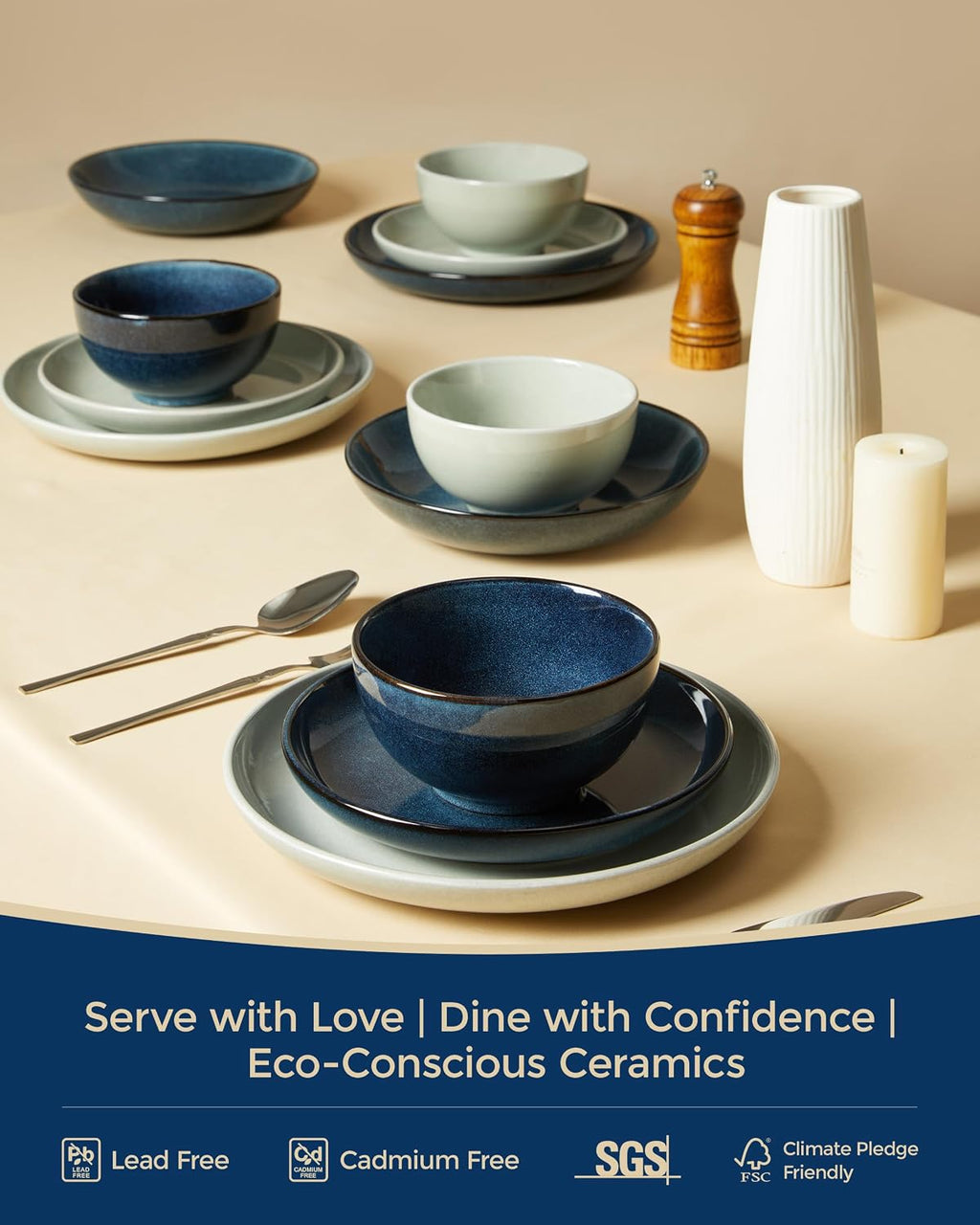 Pokini Stoneware Dinnerware Sets for 6, 18 Pieces Ceramic Plates and Bowls Sets, Chip and Scratch Resistant Dish Set, Dishwasher & Microwave Safe Plate Set, Starry Blue