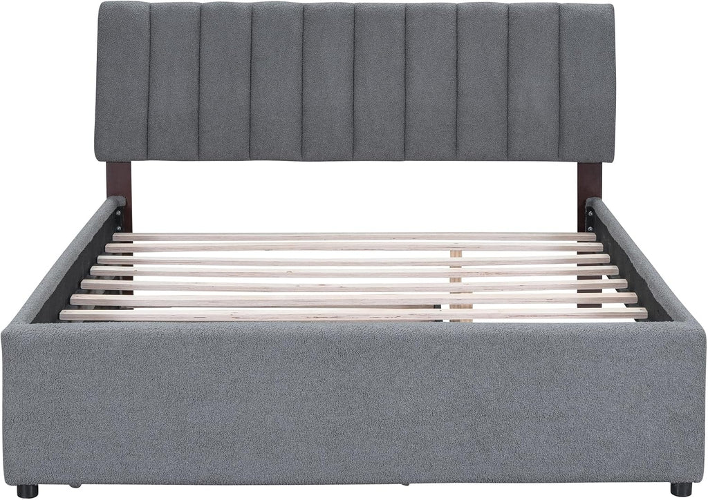 Teddy Fleece Queen Size Upholstered Platform Bed Frame for Boys Girls Kids Adults Toddler with Trundle, Gray