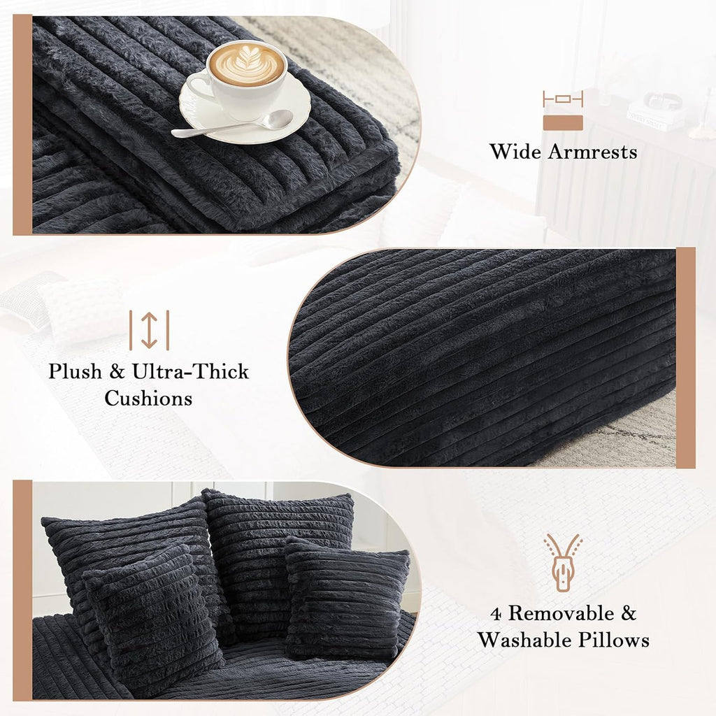 Oversized Chaise Lounge Chair Indoor, 62.6' Cloud Boneless Sleeper Couch Corduroy Upholstered Sofa Bed Deep Seat Comfy Reading Chair with 3 Pillows for Living Room Bedroom, Crey
