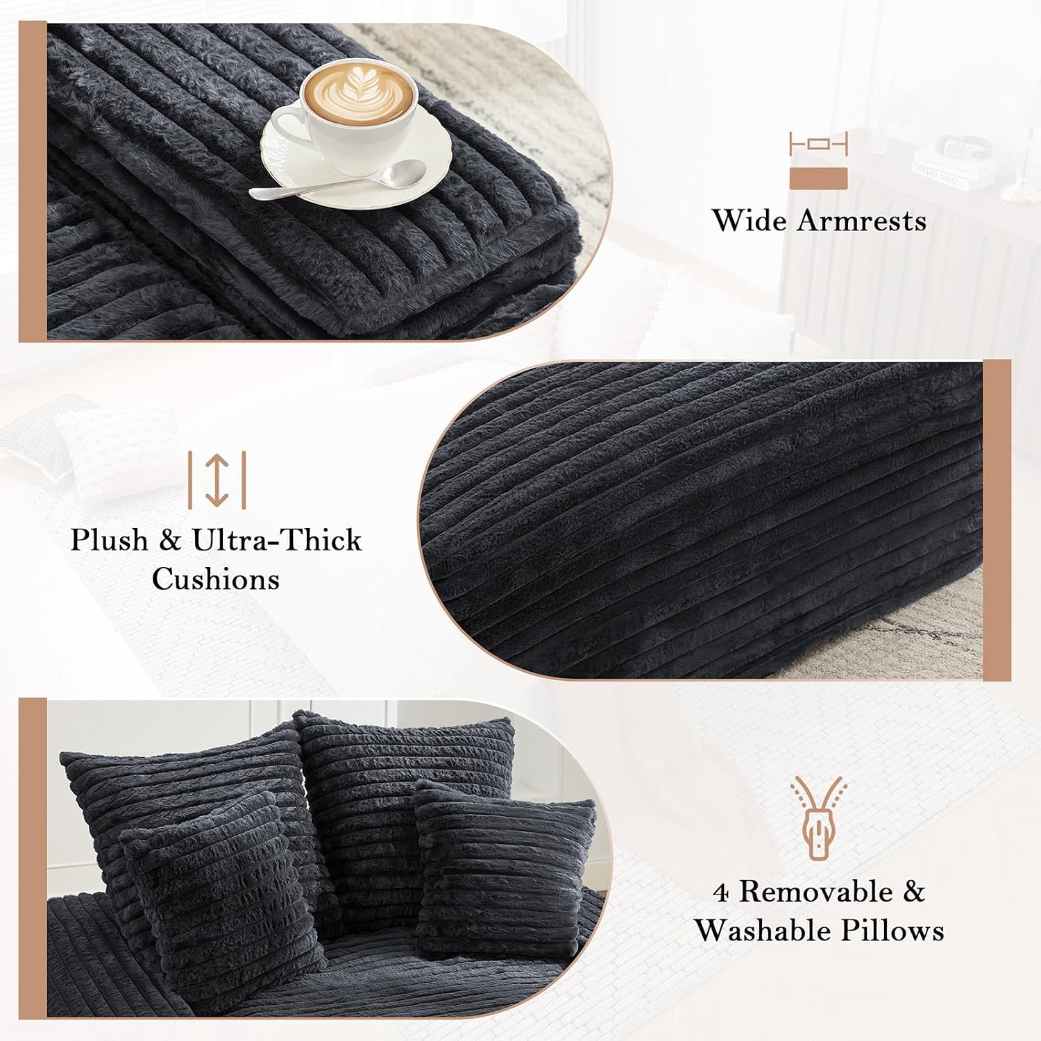 Oversized Chaise Lounge Chair Indoor, 62.6' Cloud Boneless Sleeper Couch Corduroy Upholstered Sofa Bed Deep Seat Comfy Reading Chair with 3 Pillows for Living Room Bedroom, Crey